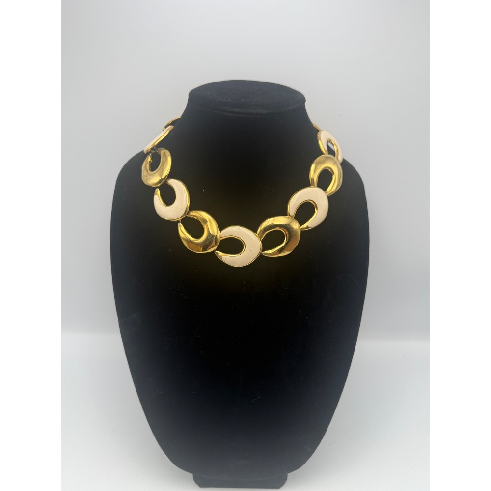 Vintage Gold Tone Ivory Enamel Horseshoe Link Statement Collar Necklace 18 Inch‎